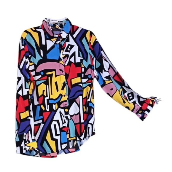 Abstract Mod Long Sleeve Blouse Cubist Color Block 60s 90s Style UK 18 US 14 - Picture 3 of 9